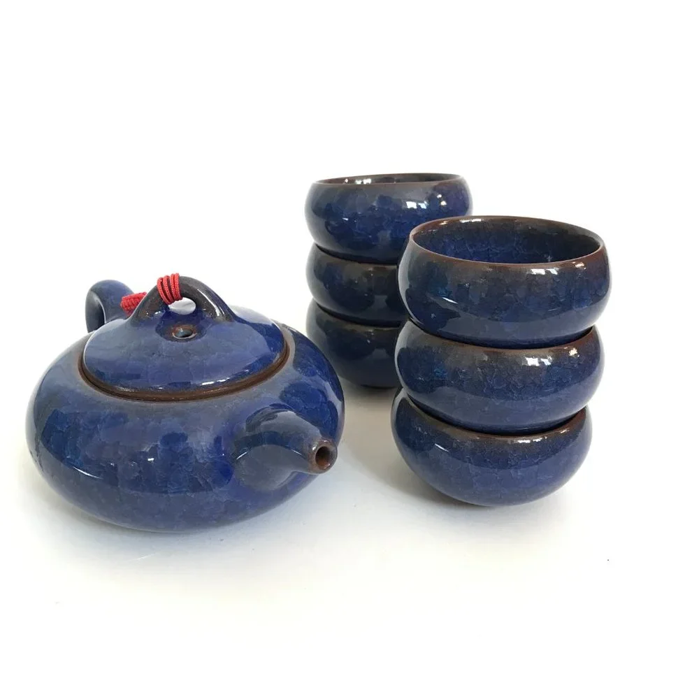 Asian Blue Ice Crackle Glazed Terracotta Teapot and Tea Cup Set - 7 Pieces - Picture 6 of 11